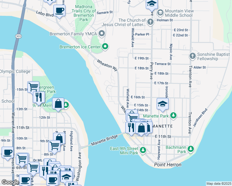 map of restaurants, bars, coffee shops, grocery stores, and more near 1814 East 16th Street in Bremerton