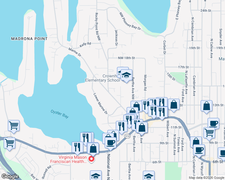 map of restaurants, bars, coffee shops, grocery stores, and more near 3909 Ethan Court in Bremerton