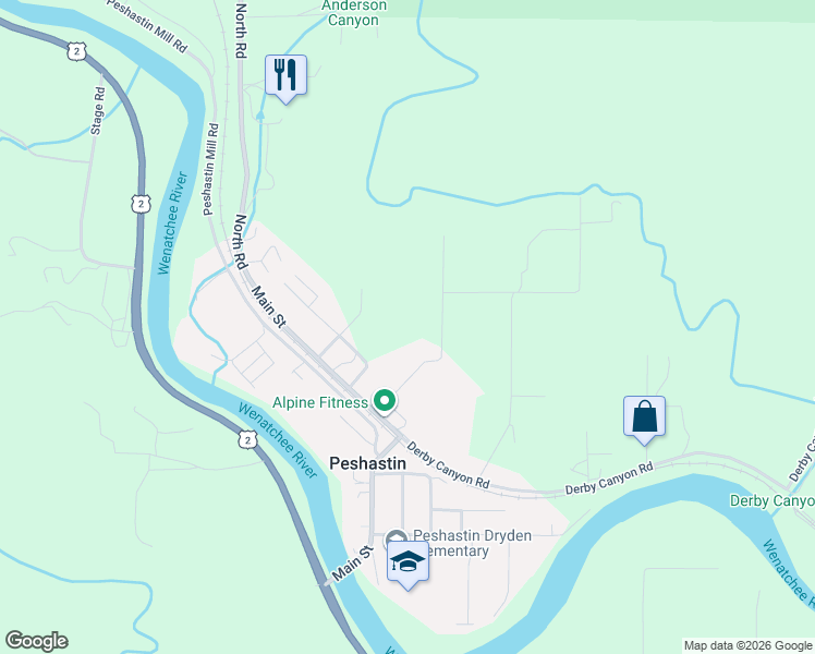 map of restaurants, bars, coffee shops, grocery stores, and more near 8603 Ludwig Hill Road in Peshastin