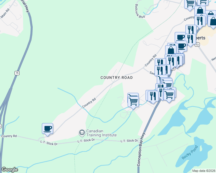 map of restaurants, bars, coffee shops, grocery stores, and more near 141 Country Road in Bay Roberts