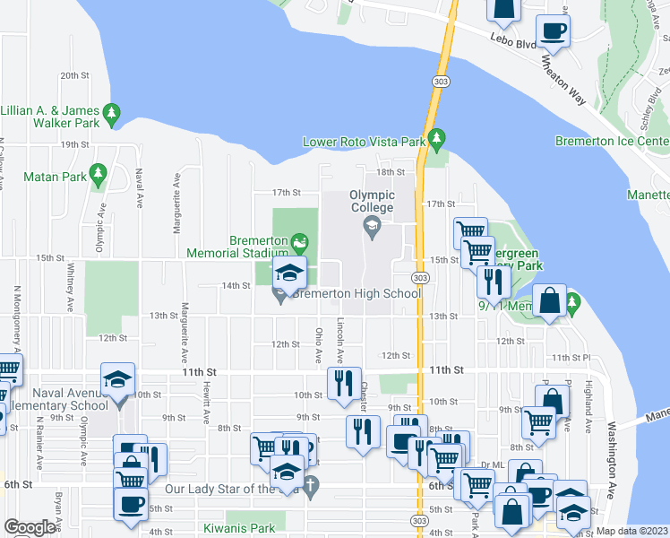 map of restaurants, bars, coffee shops, grocery stores, and more near 1415 Lincoln Avenue in Bremerton