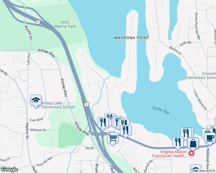 map of restaurants, bars, coffee shops, grocery stores, and more near 1402 Madrona Point in Bremerton