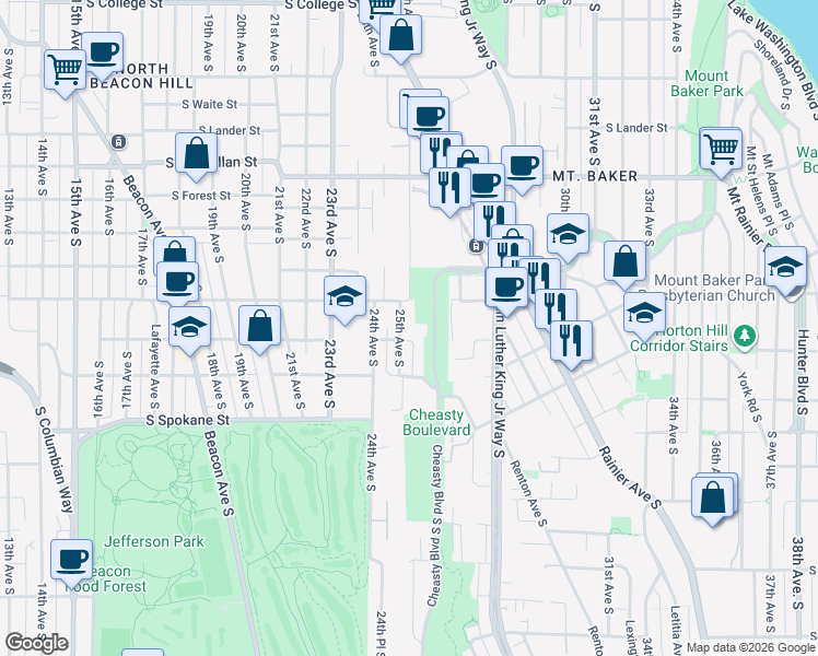 map of restaurants, bars, coffee shops, grocery stores, and more near 3303 25th Avenue South in Seattle