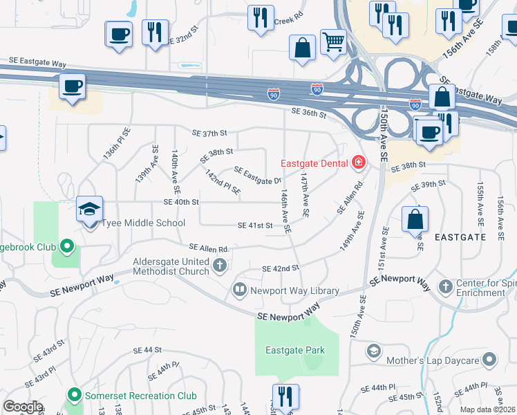 map of restaurants, bars, coffee shops, grocery stores, and more near 14413 Southeast 40th Street in Bellevue