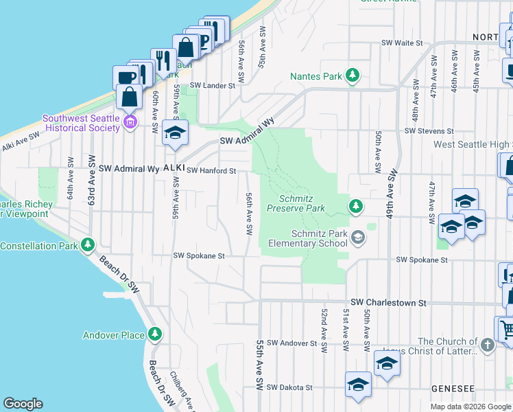 map of restaurants, bars, coffee shops, grocery stores, and more near 3258 56th Avenue Southwest in Seattle
