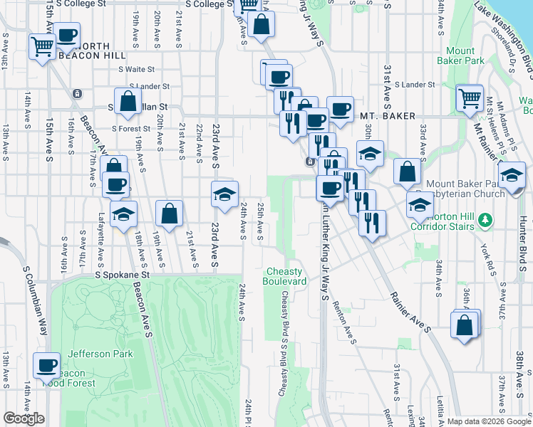 map of restaurants, bars, coffee shops, grocery stores, and more near 3303 25th Avenue South in Seattle