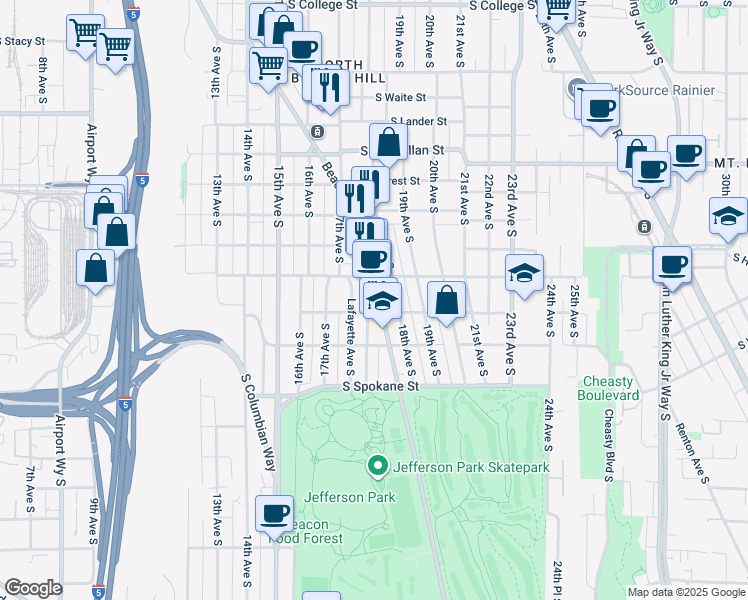 map of restaurants, bars, coffee shops, grocery stores, and more near 1727 South Horton Street in Seattle