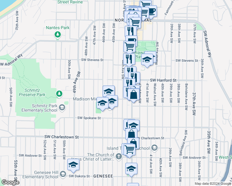 map of restaurants, bars, coffee shops, grocery stores, and more near 3255 45th Avenue Southwest in Seattle