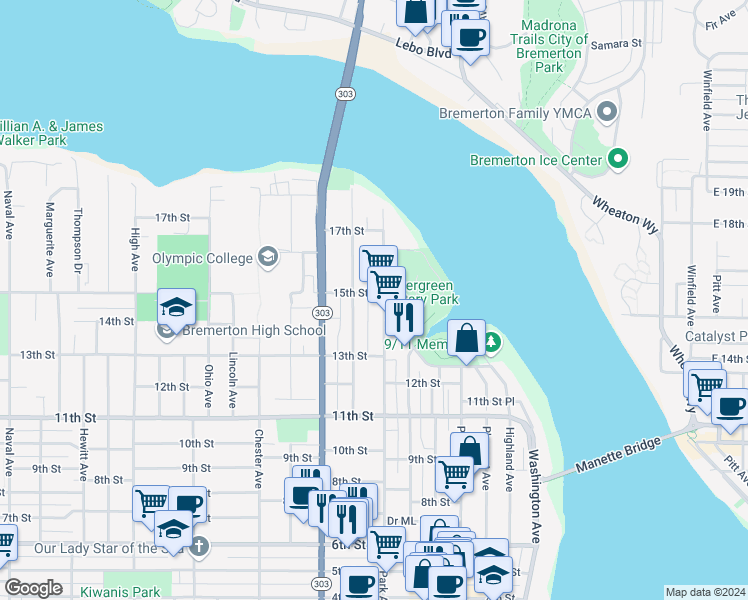 map of restaurants, bars, coffee shops, grocery stores, and more near 1331 Park Avenue in Bremerton