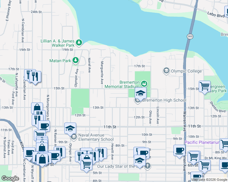 map of restaurants, bars, coffee shops, grocery stores, and more near 1820 14th Street in Bremerton