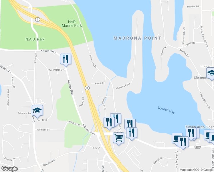 map of restaurants, bars, coffee shops, grocery stores, and more near 1335 Shorewood Drive in Bremerton