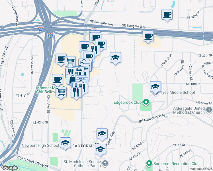 map of restaurants, bars, coffee shops, grocery stores, and more near in Bellevue