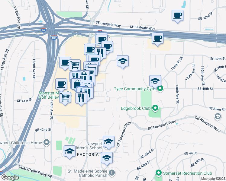 map of restaurants, bars, coffee shops, grocery stores, and more near 3980 129th Place Southeast in Bellevue