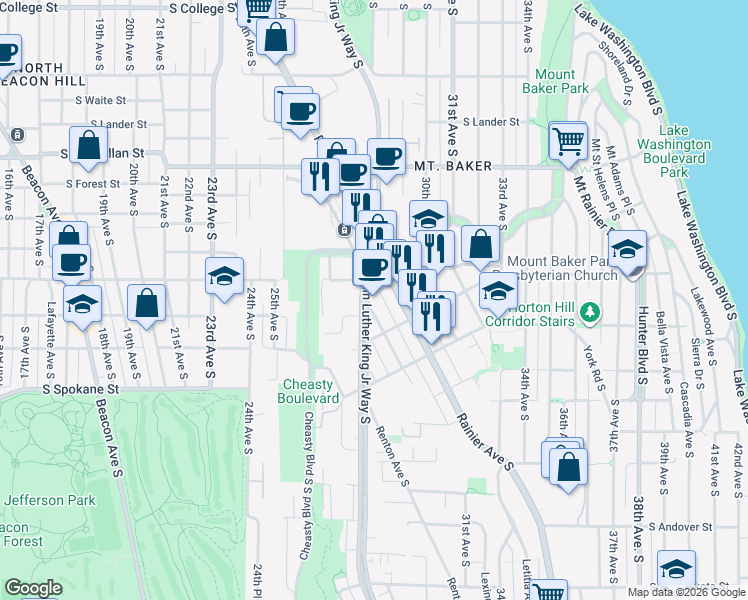 map of restaurants, bars, coffee shops, grocery stores, and more near 3300 Martin Luther King Junior Way South in Seattle