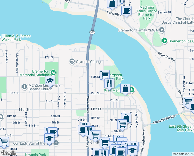 map of restaurants, bars, coffee shops, grocery stores, and more near 821 15th Street in Bremerton