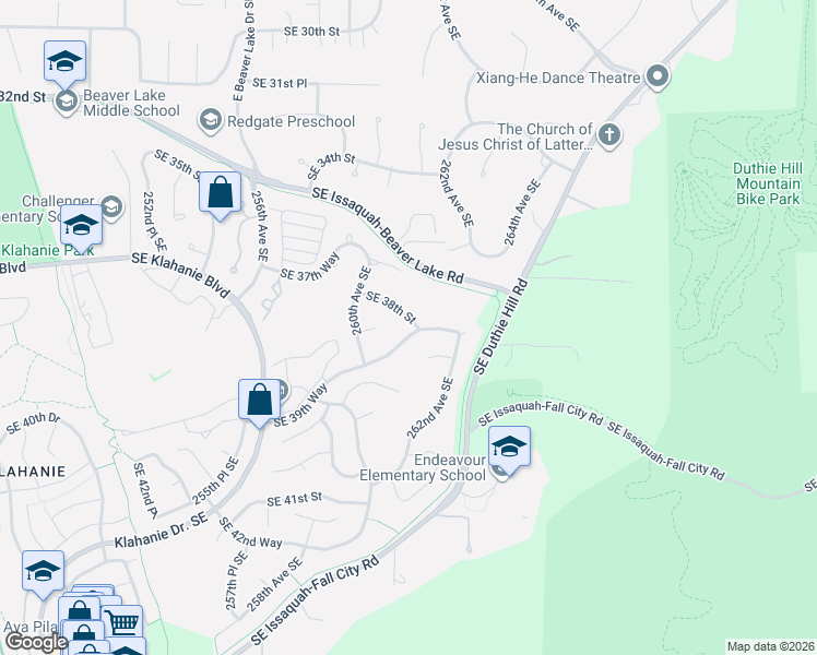 map of restaurants, bars, coffee shops, grocery stores, and more near 26047 Southeast 39th Way in Issaquah