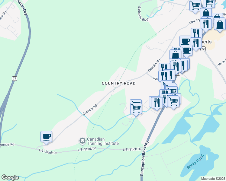 map of restaurants, bars, coffee shops, grocery stores, and more near 141 Country Road in Bay Roberts