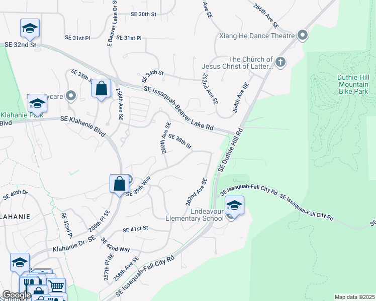 map of restaurants, bars, coffee shops, grocery stores, and more near 26057 Southeast 38th Street in Issaquah