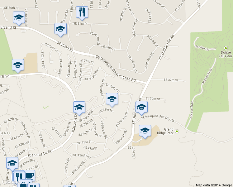 map of restaurants, bars, coffee shops, grocery stores, and more near 26047 Southeast 39th Way in Issaquah