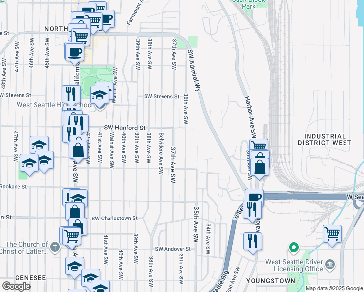 map of restaurants, bars, coffee shops, grocery stores, and more near 3251 36th Avenue Southwest in Seattle
