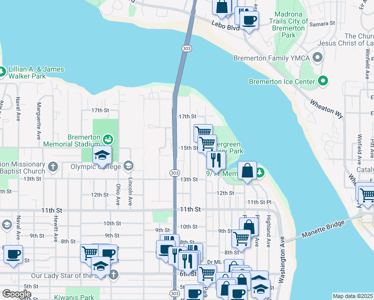 map of restaurants, bars, coffee shops, grocery stores, and more near 1332 Warren Avenue in Bremerton