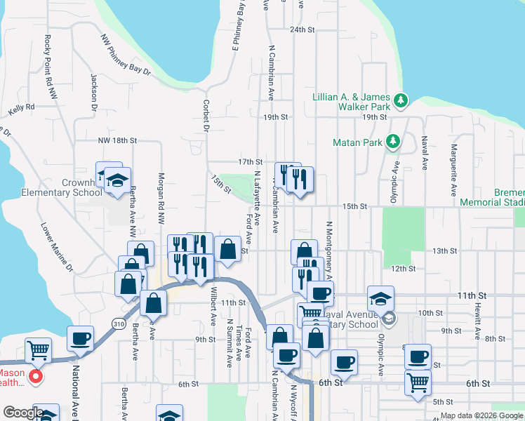 map of restaurants, bars, coffee shops, grocery stores, and more near 1330 North Lafayette Avenue in Bremerton