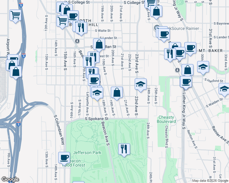 map of restaurants, bars, coffee shops, grocery stores, and more near 3300 19th Avenue South in Seattle