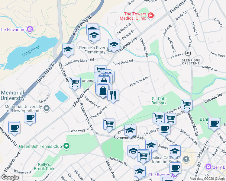 map of restaurants, bars, coffee shops, grocery stores, and more near in St. John's