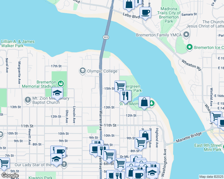 map of restaurants, bars, coffee shops, grocery stores, and more near 821 15th Street in Bremerton
