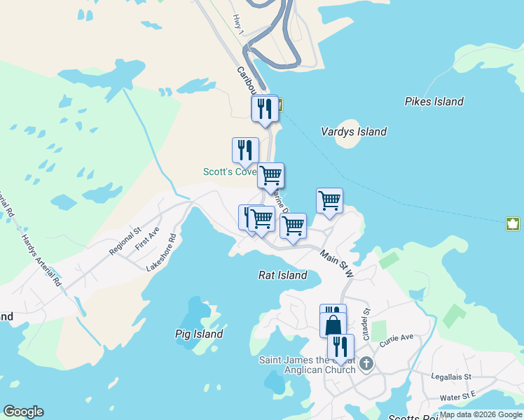 map of restaurants, bars, coffee shops, grocery stores, and more near 6 Main Street West in Channel-Port aux Basques