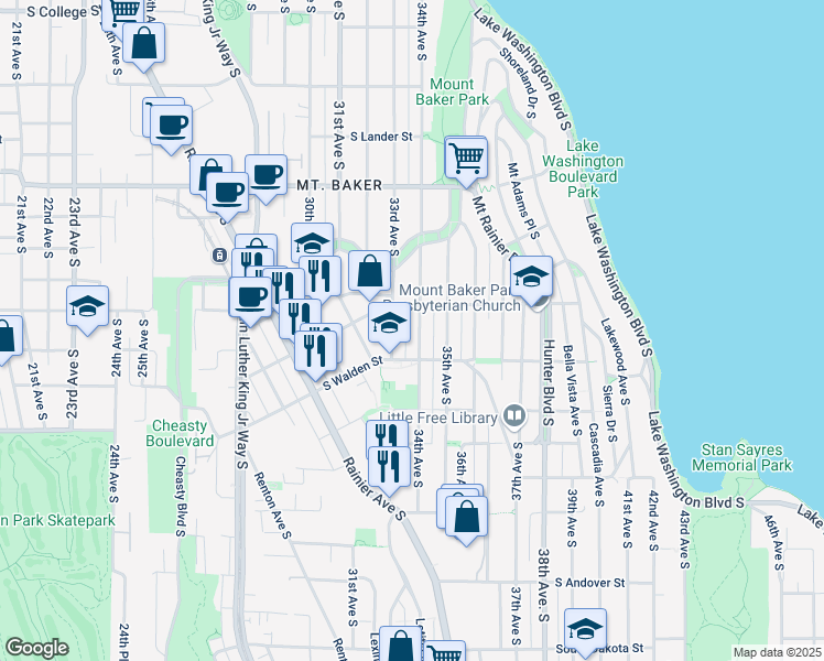 map of restaurants, bars, coffee shops, grocery stores, and more near 3238 33rd Avenue South in Seattle