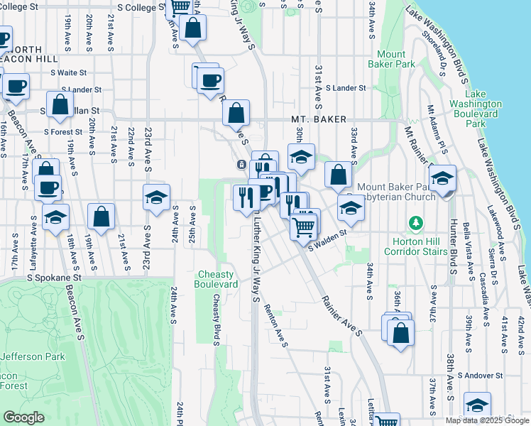 map of restaurants, bars, coffee shops, grocery stores, and more near 3300 Martin Luther King Junior Way South in Seattle