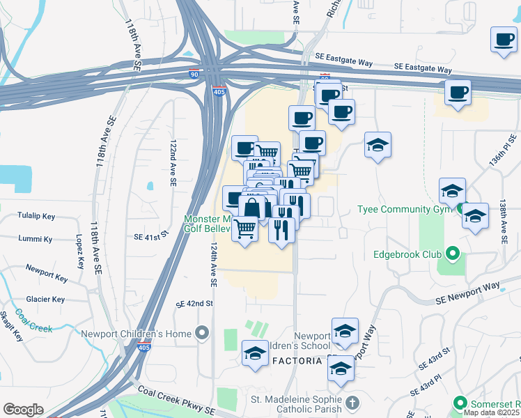 map of restaurants, bars, coffee shops, grocery stores, and more near 4035 Factoria Square Mall Southeast in Bellevue