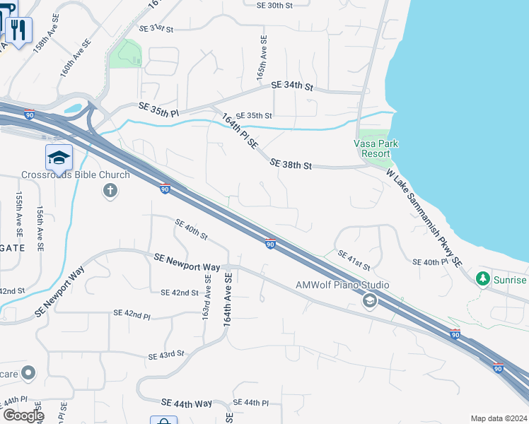 map of restaurants, bars, coffee shops, grocery stores, and more near 16600 Southeast 40th Place in Bellevue