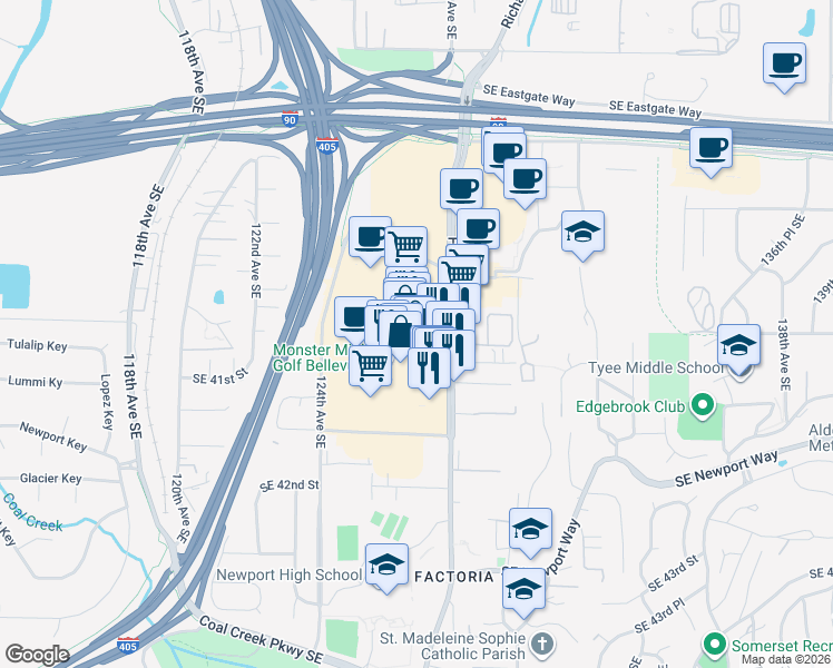 map of restaurants, bars, coffee shops, grocery stores, and more near 4039 Factoria Square Mall Southeast in Bellevue