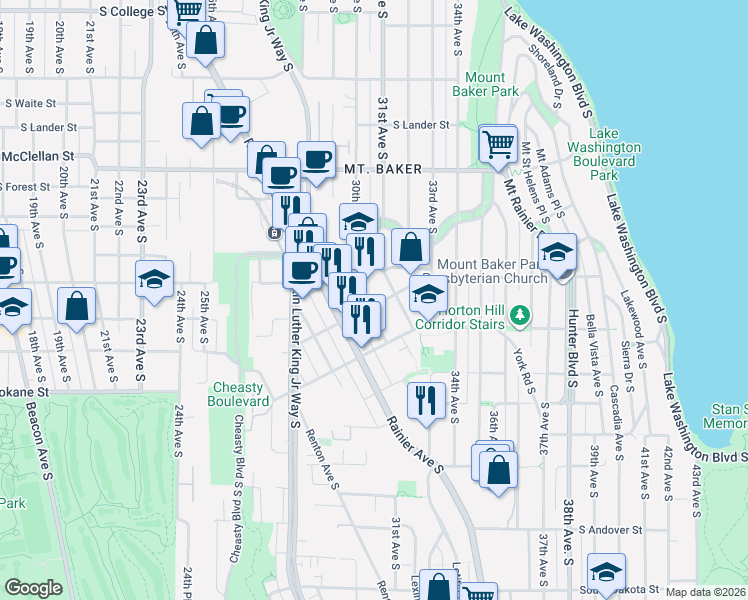 map of restaurants, bars, coffee shops, grocery stores, and more near 3309 Wetmore Avenue South in Seattle