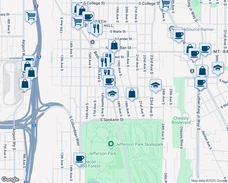 map of restaurants, bars, coffee shops, grocery stores, and more near 1753 South Horton Street in Seattle