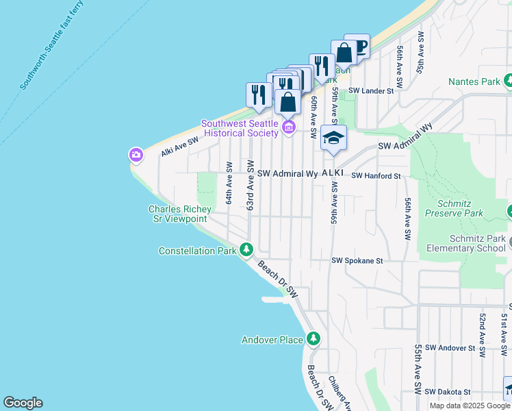 map of restaurants, bars, coffee shops, grocery stores, and more near 3403 63rd Avenue Southwest in Seattle