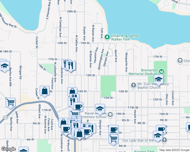 map of restaurants, bars, coffee shops, grocery stores, and more near 1334 North Rainier Avenue in Bremerton