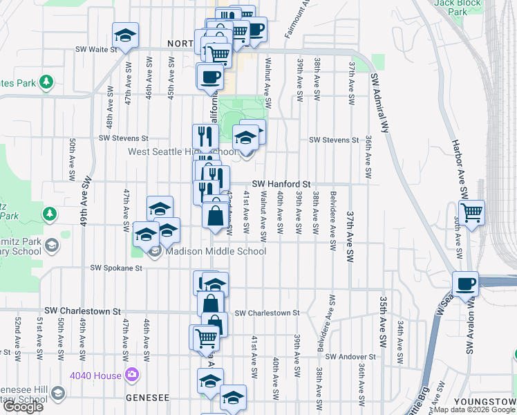 map of restaurants, bars, coffee shops, grocery stores, and more near 3252 Walnut Avenue Southwest in Seattle