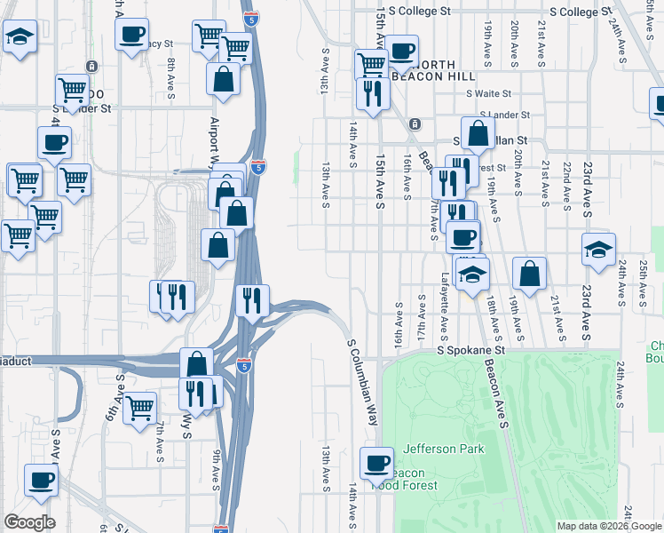 map of restaurants, bars, coffee shops, grocery stores, and more near 1307 South Horton Street in Seattle