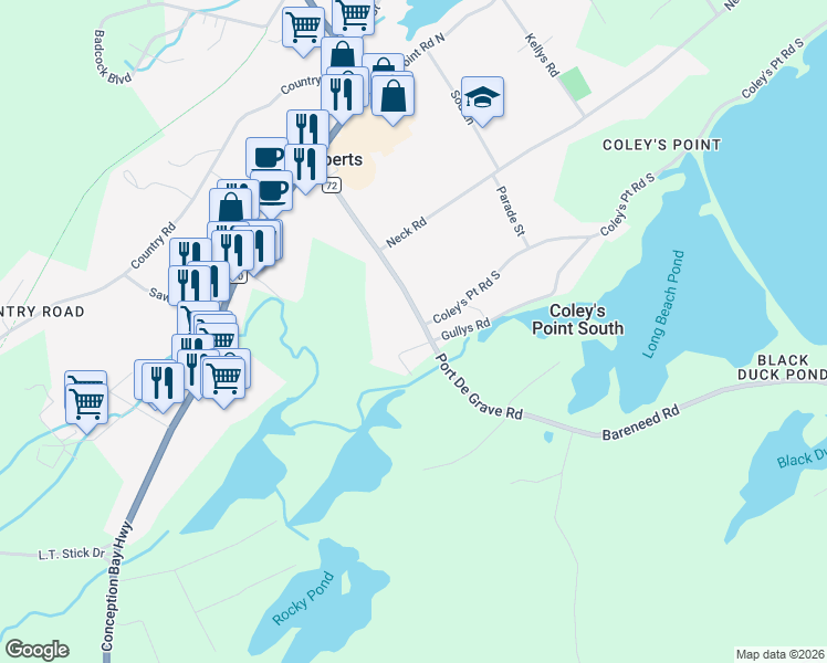 map of restaurants, bars, coffee shops, grocery stores, and more near 56 Bareneed Road in Coley's Point South