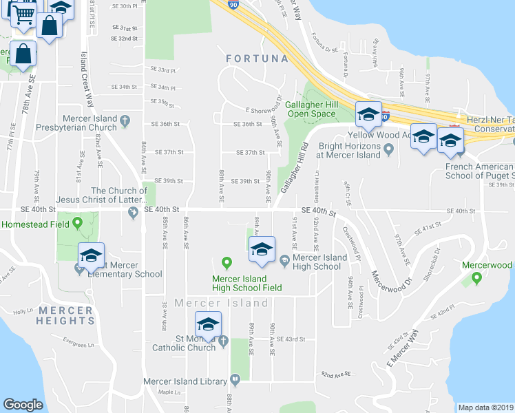 map of restaurants, bars, coffee shops, grocery stores, and more near 4011 89th Avenue Southeast in Mercer Island