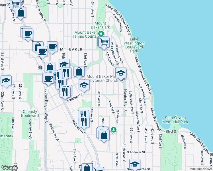 map of restaurants, bars, coffee shops, grocery stores, and more near 3240 36th Avenue South in Seattle