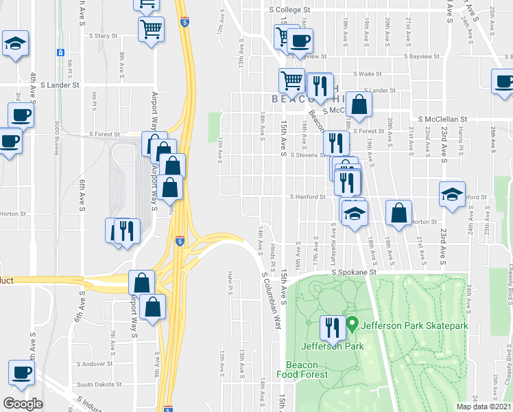 map of restaurants, bars, coffee shops, grocery stores, and more near 3234 14th Avenue South in Seattle