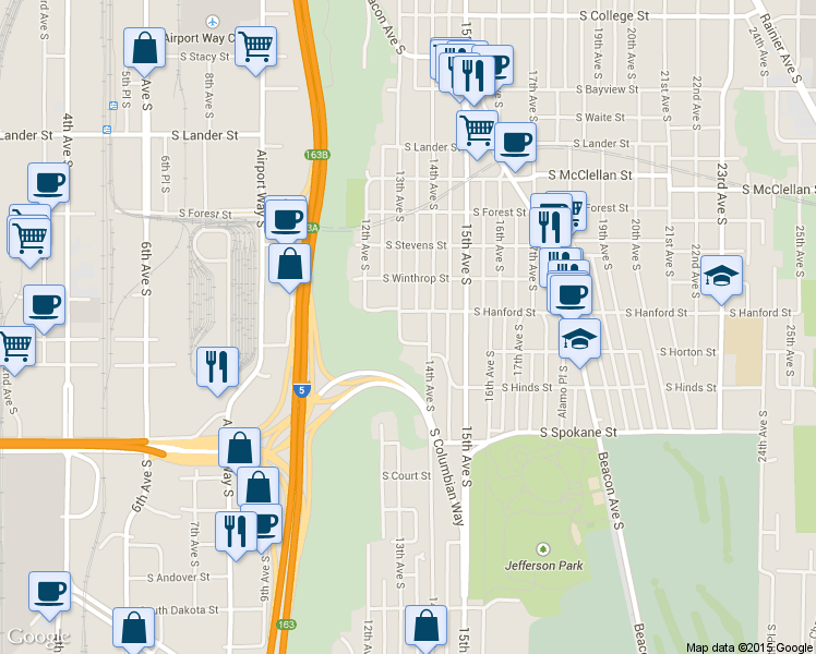 map of restaurants, bars, coffee shops, grocery stores, and more near 1307 South Horton Street in Seattle