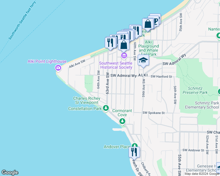 map of restaurants, bars, coffee shops, grocery stores, and more near 3403 63rd Avenue Southwest in Seattle