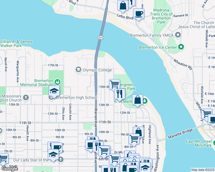 map of restaurants, bars, coffee shops, grocery stores, and more near 1331 Park Avenue in Bremerton