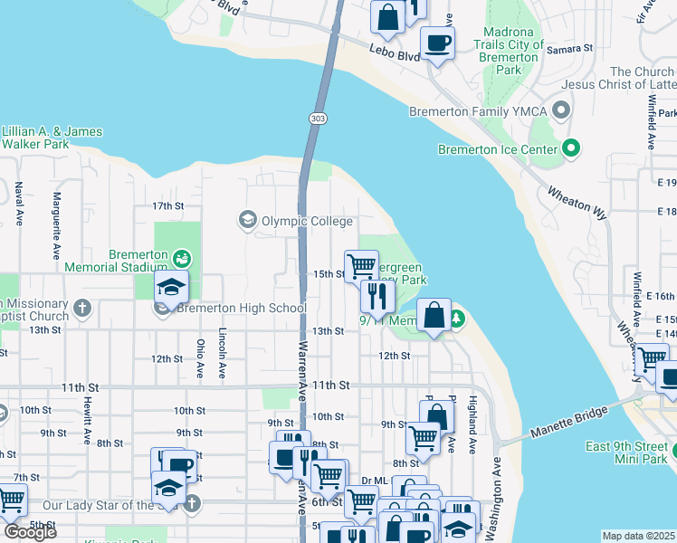 map of restaurants, bars, coffee shops, grocery stores, and more near 1331 Park Avenue in Bremerton