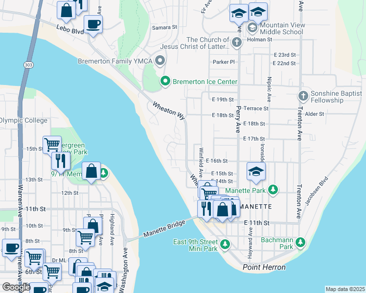 map of restaurants, bars, coffee shops, grocery stores, and more near 1735 Wheaton Way in Bremerton